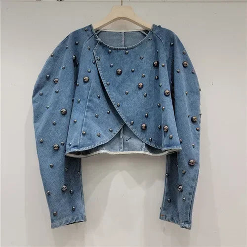 Women Rivets Long Lantern Sleeve Denim Coat Short Pearls Top Bomber Jacket Cowboy Jacket