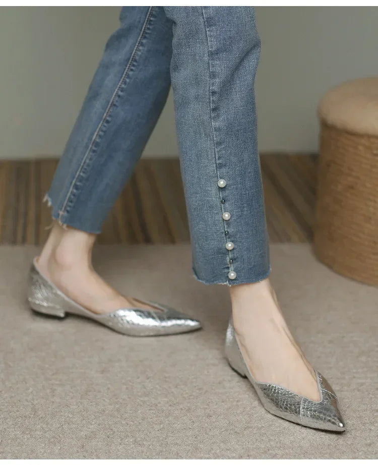 French Pointed Leather Shoe Simple Comfort Sheepskin Elegant Low Heel Shoes