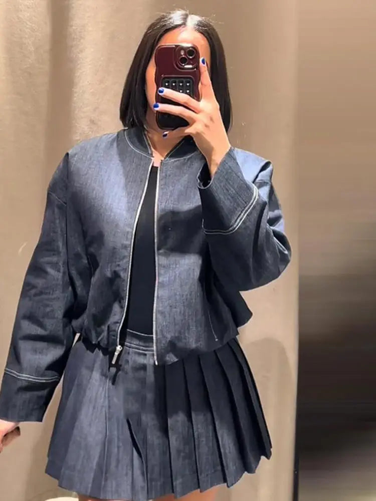 Denim Jacket Mini Skirt Women 2 Piece Set Stand Collar Zipper Long Sleeve Pocket Coat A-line Skirts