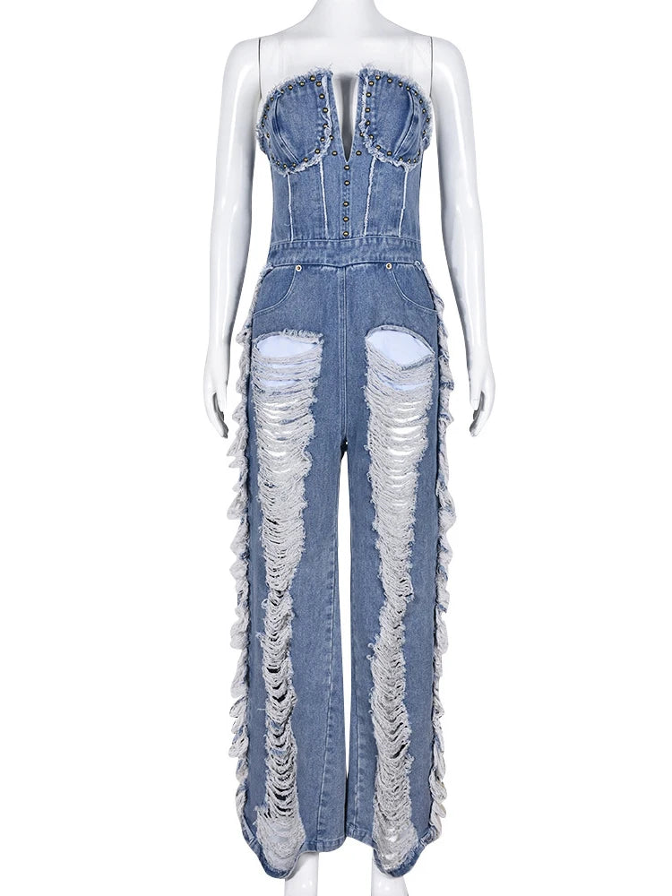 Slim Fit Denim V-neck Backless Tassel Trendy Jumpsuit Women's Strapless High Waist Ripped Pocket Sexy Street Rompers