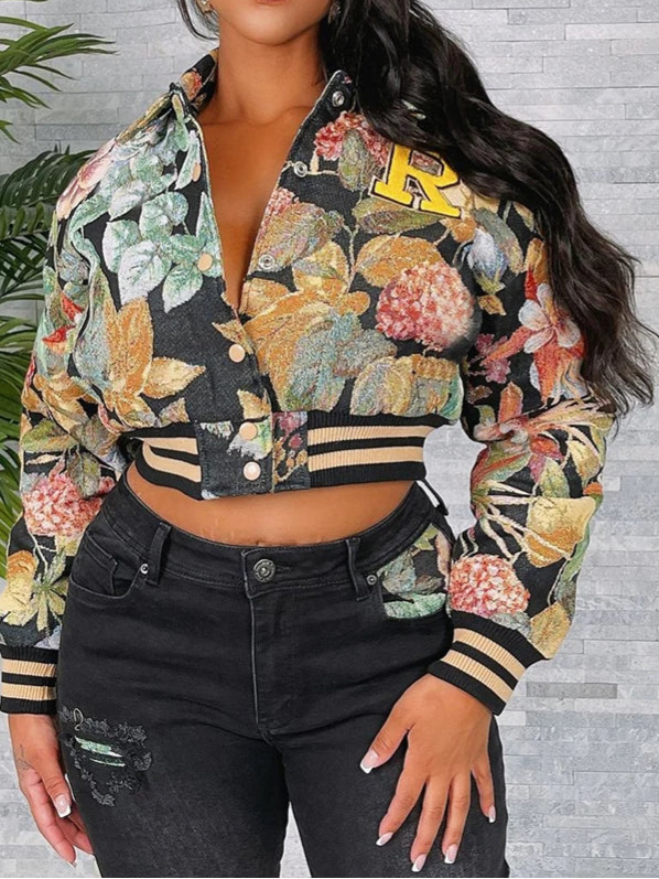 Flower Print Coat Crop Tops Women Lapel Long Sleeve Button Baseball Jacket