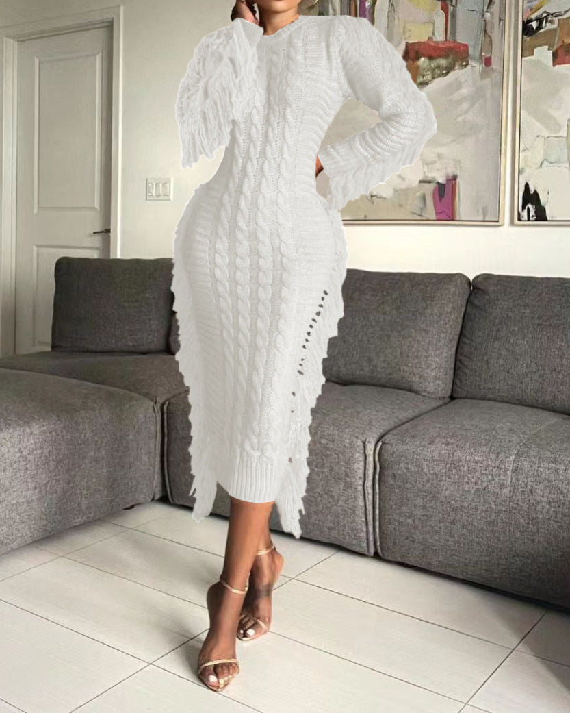 Women Long Sleeve Tassel Bodycon Midi Knit Dress O-neck Sweater Dress