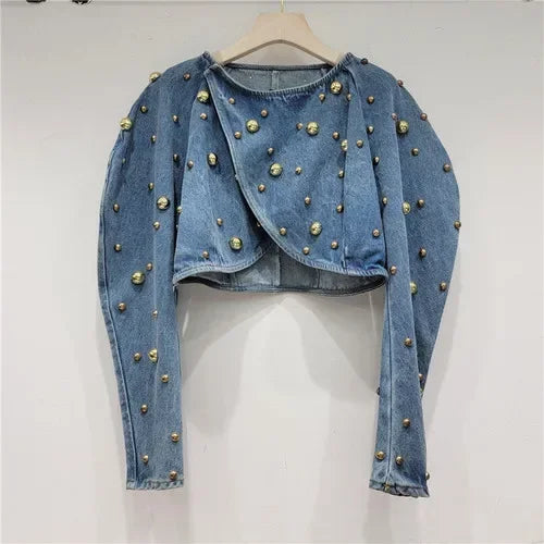 Women Rivets Long Lantern Sleeve Denim Coat Short Pearls Top Bomber Jacket Cowboy Jacket
