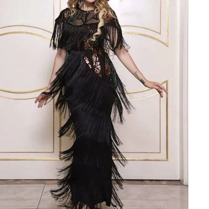 Women Sexy Fringed Embellished Bodycon Celebrity Evening Dress