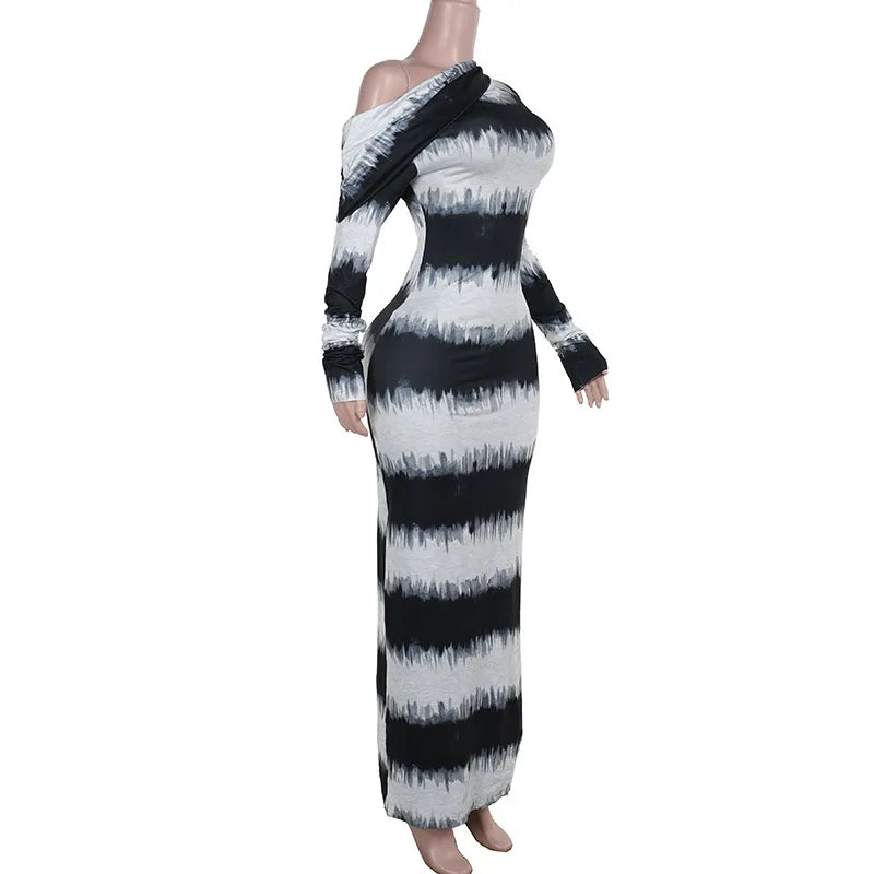 Contrast Patchwork Inclined Shoulder Striped Women Print Maxi Bodycon Dress