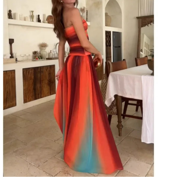 Tie-dye Gradient Hollow Out Women's Maxi Dress Elegant Off Shoulder Long Dresses
