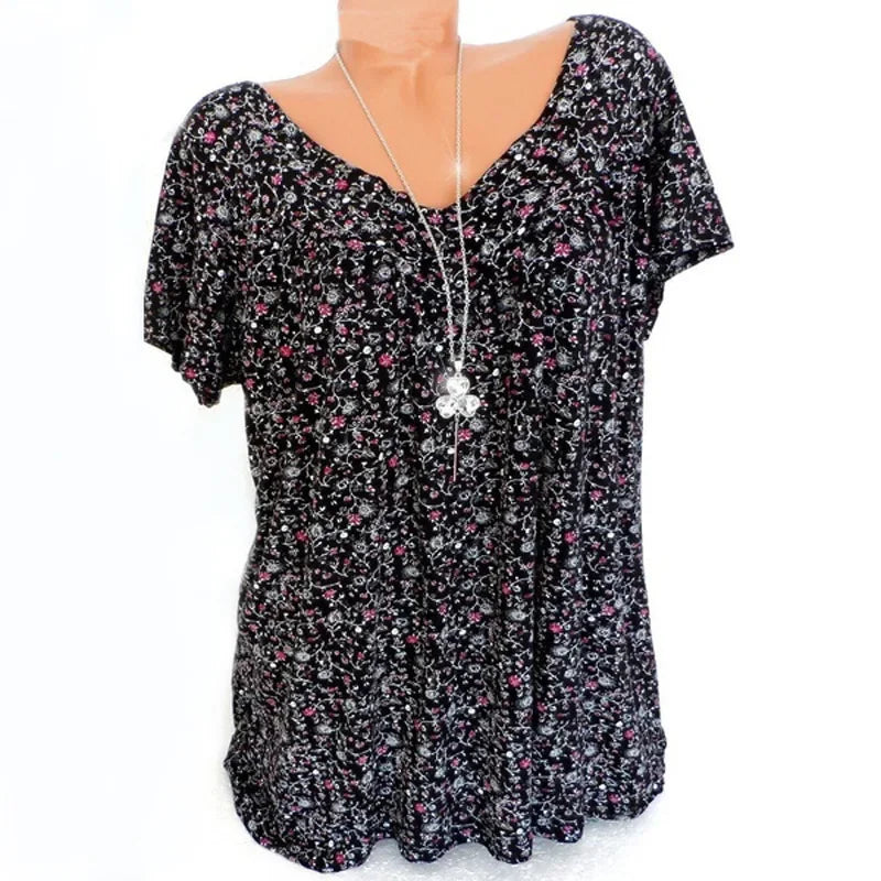 Loose Sleeveless Long Tank T-Shirt V-Neck Tops Floral Print Tees