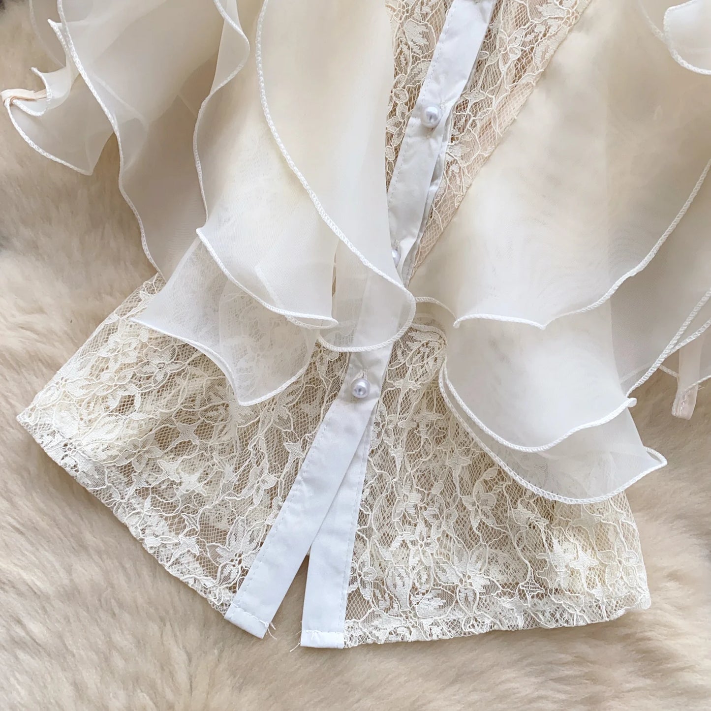 Ruffle Blouses Women French Style Single Breasted Lace Patchwork Shirt Summer Top