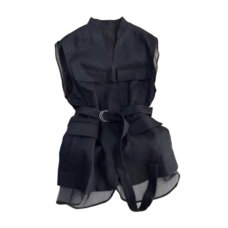 Black Blouse Sleeveless Vest Tops for Women Mesh Patchwork Shirt