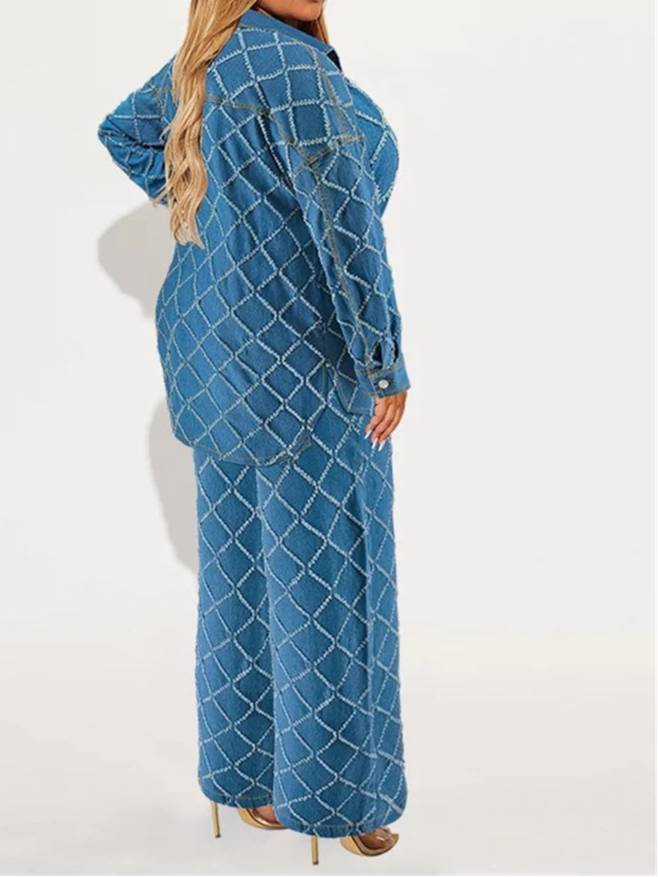 Plus Size Denim Two Piece Sets Women Long Sleeve Tops and Pants Matching Suits