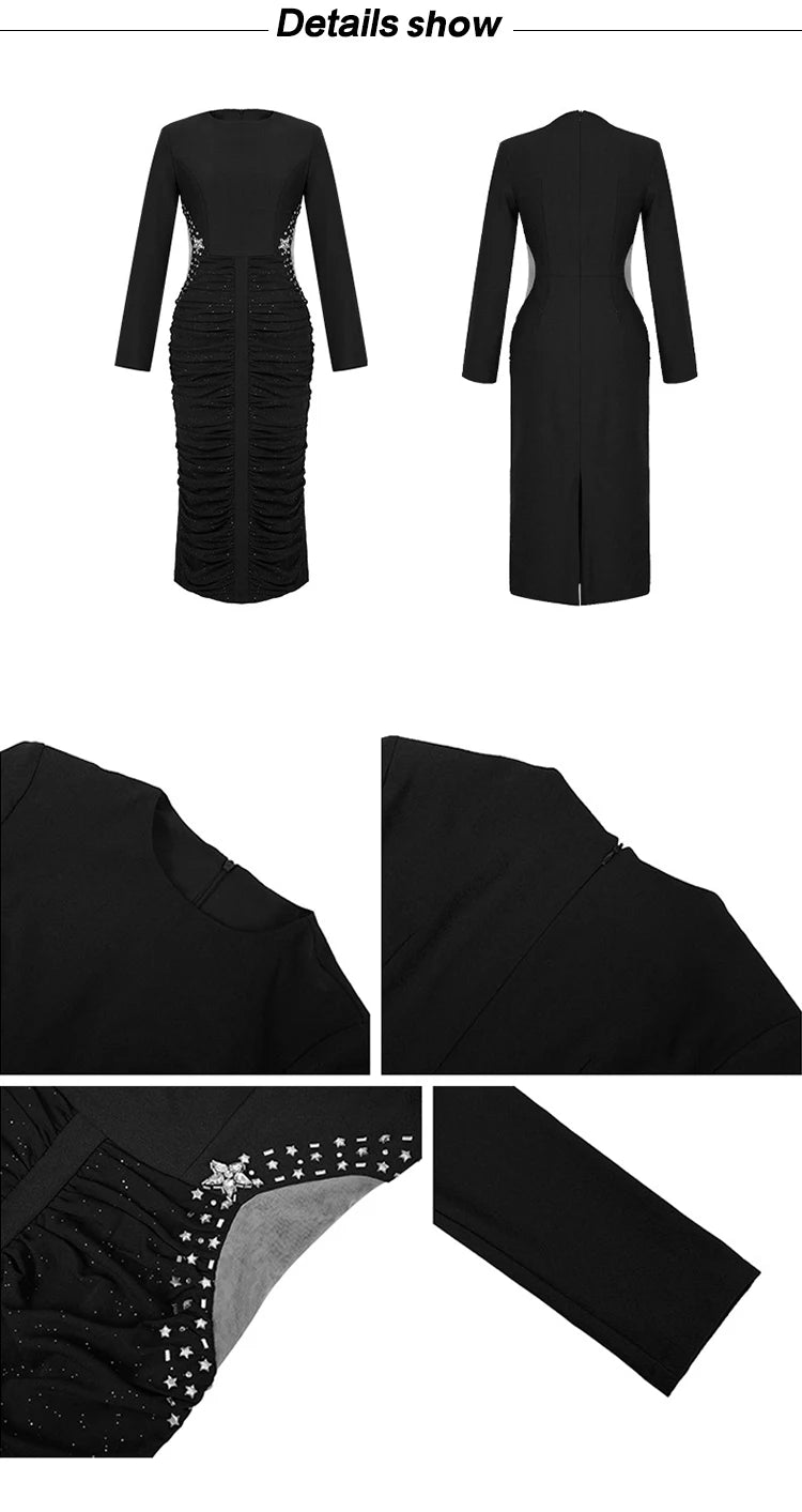 French Elegant Formal Shiny Rhinestone Folds Bodycon Midi Dress