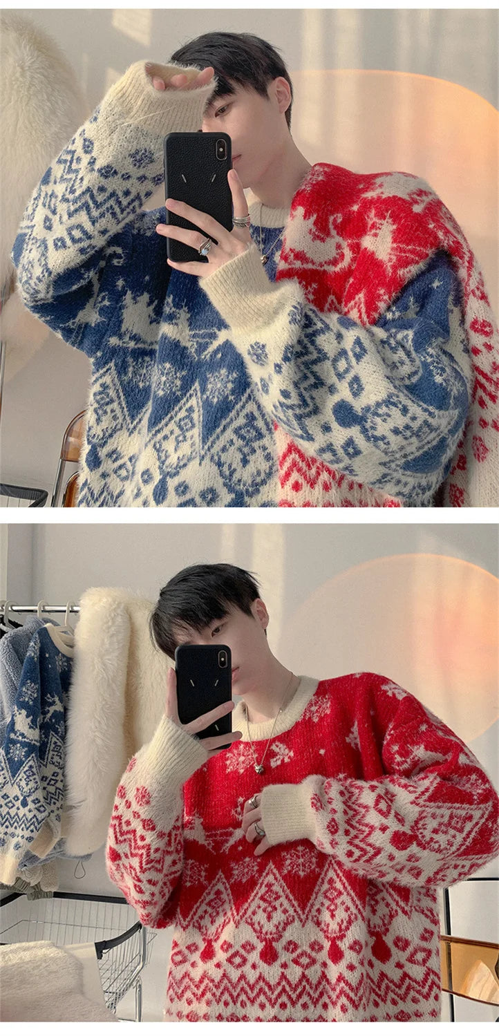 High Quality Plush Knitted Christmas Red Pullover Oversized Couple Sweater