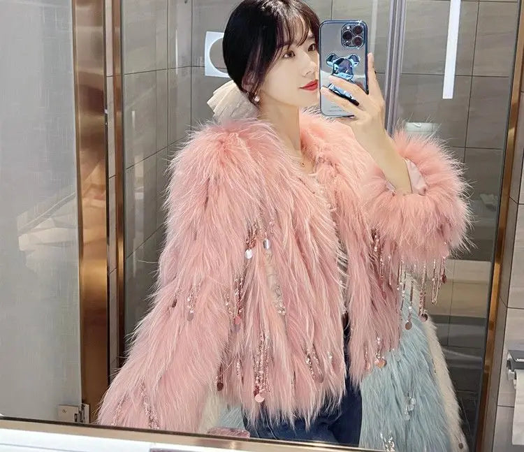 Faux Fur Grass Sequined Tassels Coat Women's Short Beaded Fringed Bomber Jacket