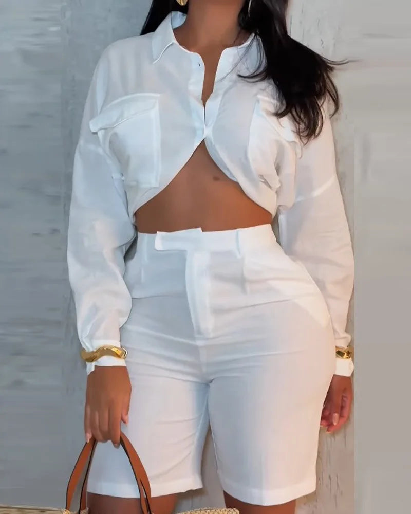 Women Temperament Elegant Shirt 2-piece Shorts Set White Long Sleeve midriff-baring Blouse High Waist Shorts Sets