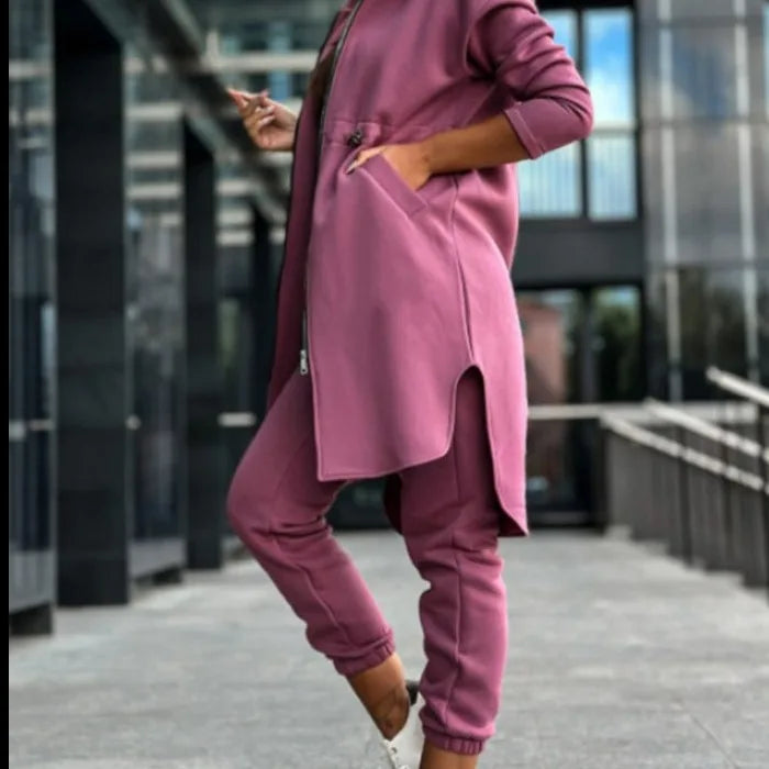 Women Pant Set Hooded Zipper Long Coats Two Piece Suits Casual Straight Pants