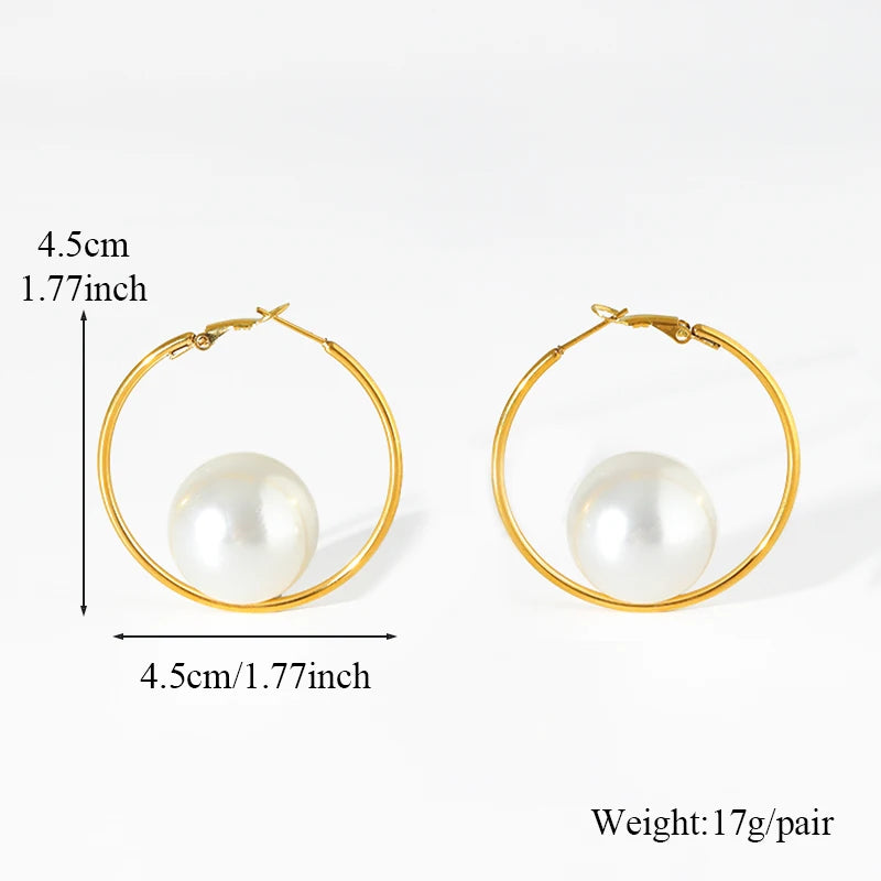 Stainless Steel Exaggerated Large Pearls Necklace Earrings Set For Women