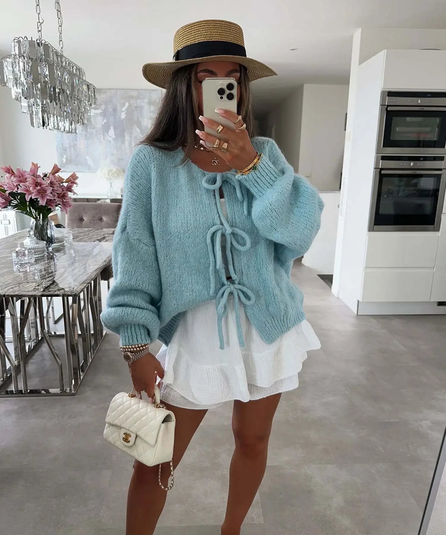 Elegant Knitted Cardigan Sweater Women's Lace up Cardigan