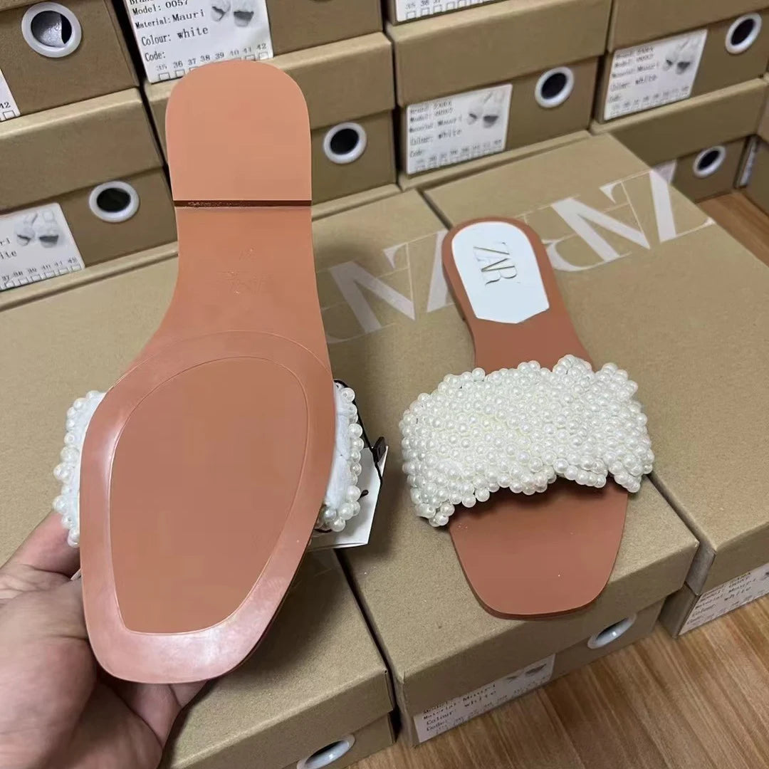 Women's White Pearl Weaving Flat Sandals