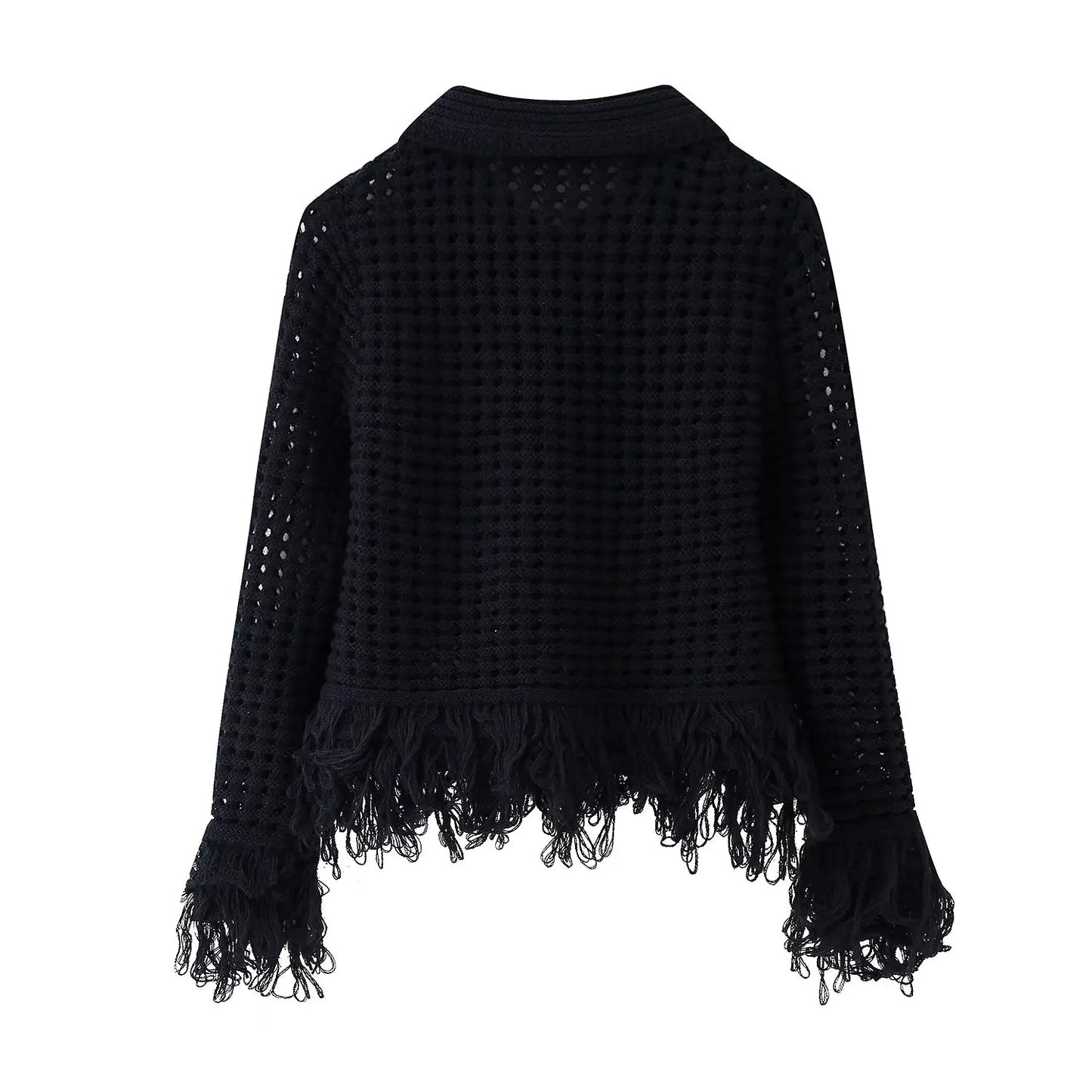 Vintage Women Knitted Hollow Out Tassel Mini Skirt Set Cardigan+Fringe Mini Skirt