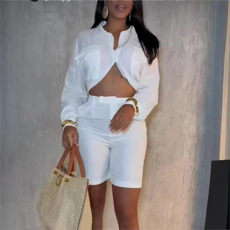 Women Temperament Elegant Shirt 2-piece Shorts Set White Long Sleeve midriff-baring Blouse High Waist Shorts Sets