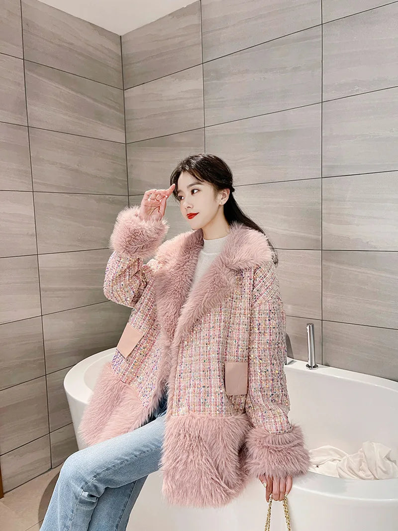 Glitter Coarse Wool Blended Fur Coat Long Sleeve Loose Coat