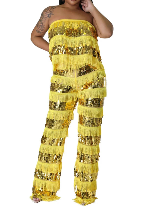 New Luxury Sequin Tassel Women Sleeveless Strapless Crop Tops and Wide Leg Pants Two 2 Piece Birthday Matching Sets