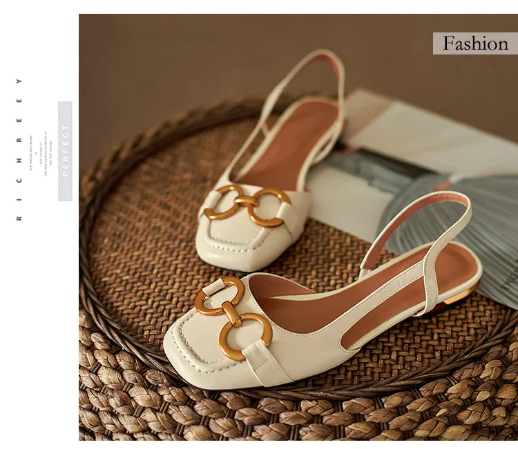 French Low Heel Retro Toe Cover Sandals Women Summer Empty Horse Bit Faux Leather Strap Sandals