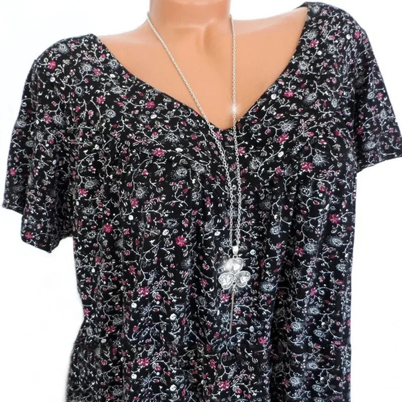 Loose Sleeveless Long Tank T-Shirt V-Neck Tops Floral Print Tees