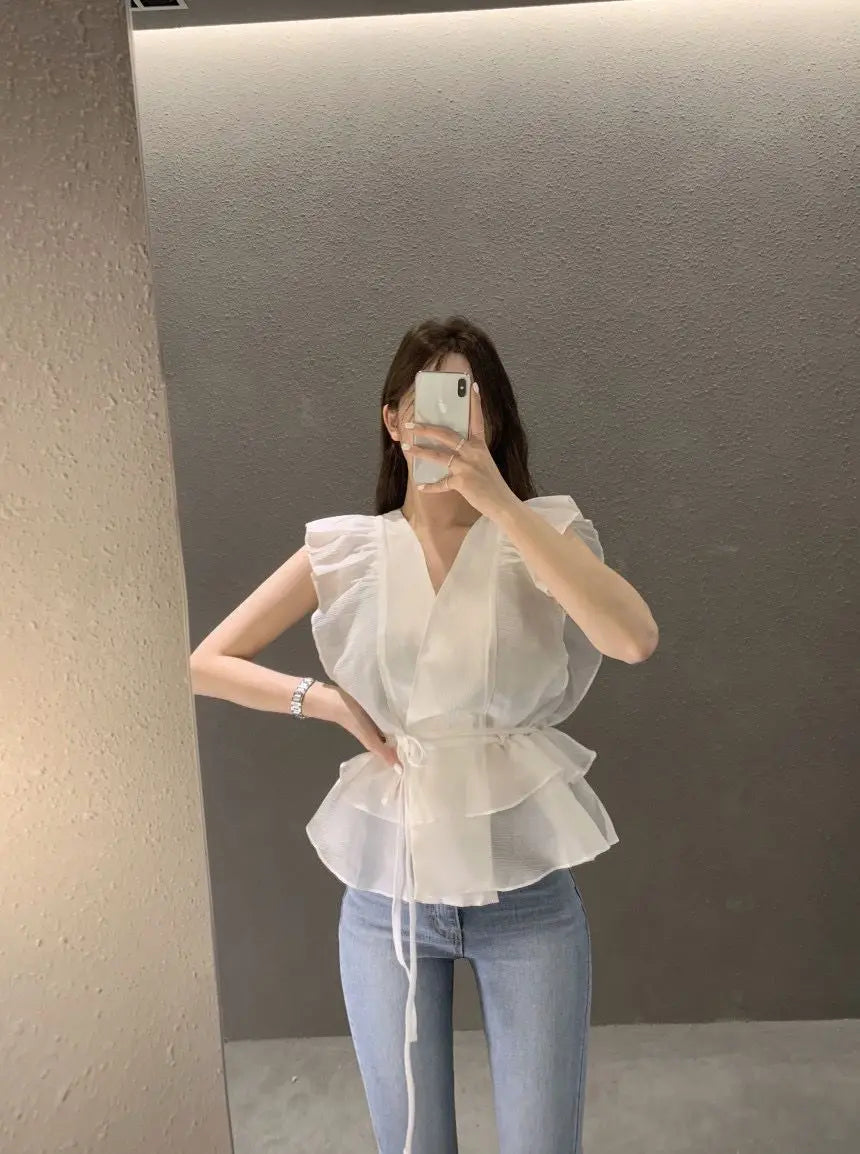 Lace Up Top Ruffled V-neck Sleeveless Shirts Blouse for Women