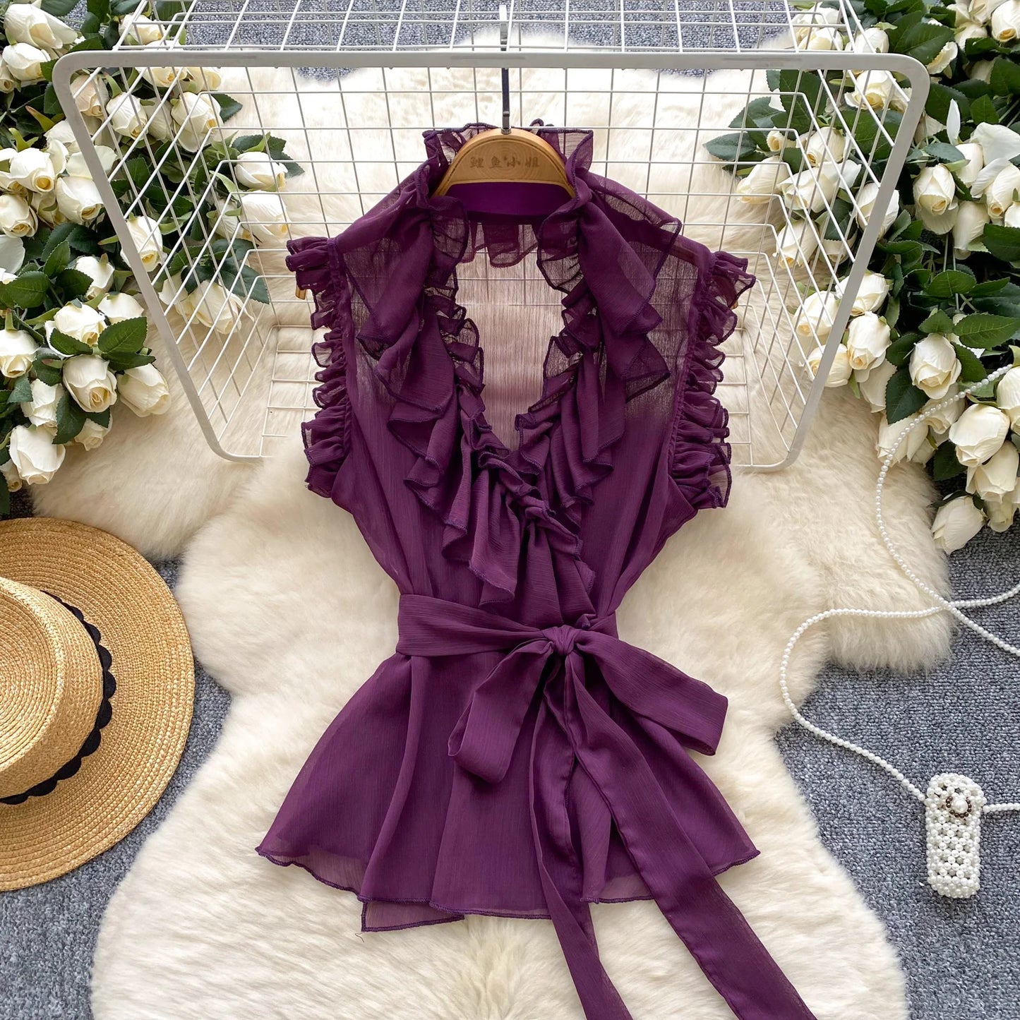 Sweet Ruffles Chiffon Blouses Women Sleeveless V Neck Retro Lace Up Blouse