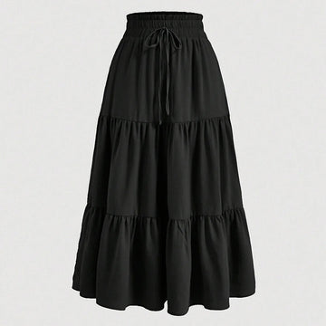 Women's Patchwork Solid Color Loose Skirt; Commuting Casual Cake Skirt; Elastic Waist Elegant Skirt