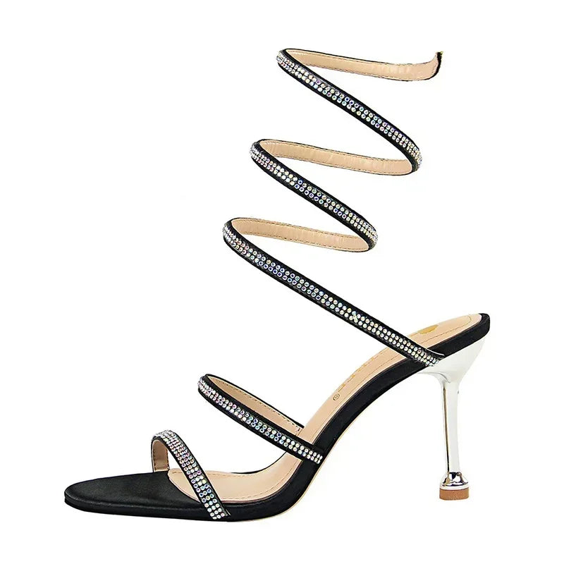 Women Luxury Party 8.5cm High Heels Summer Sexy Nightclub Sandals Female Red Green Ankle Strappy Roman Gladiator Crystal Sandles