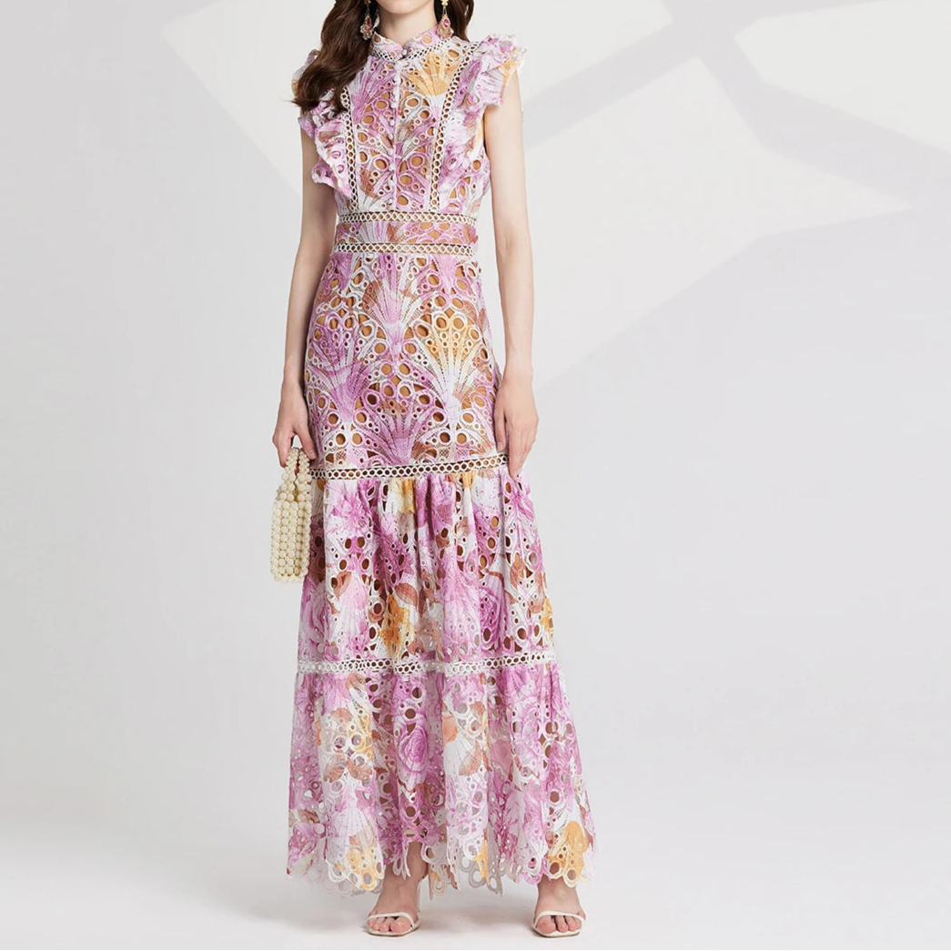 Flower Embroidery Maxi Wedding Guest Dress Women Flare Ruffles Sleeve Neck Colorful Long Robe