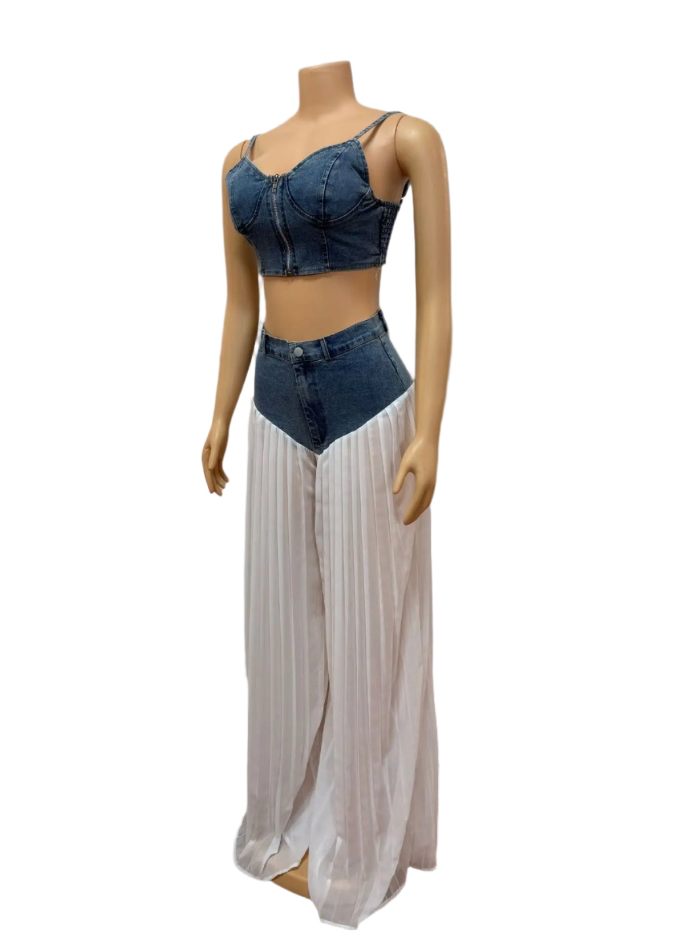 2 Piece Sets Women Sexy Denim Camisole Pleated Wide Leg Pants + Vest Floor Length Suit Summer