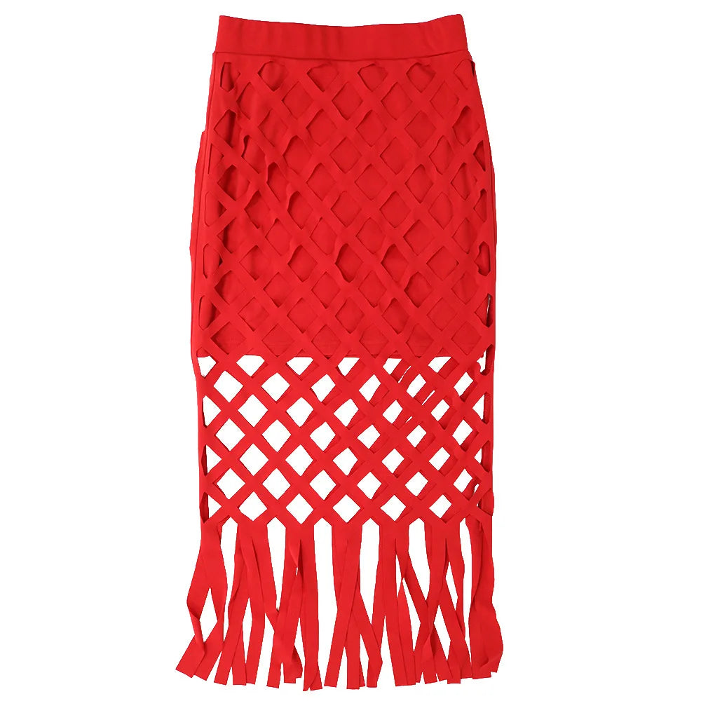 Women Hollow Out Tassel Bodycon Midi Skirts Two Piece Set and Sleeveless Top and Skirt Set