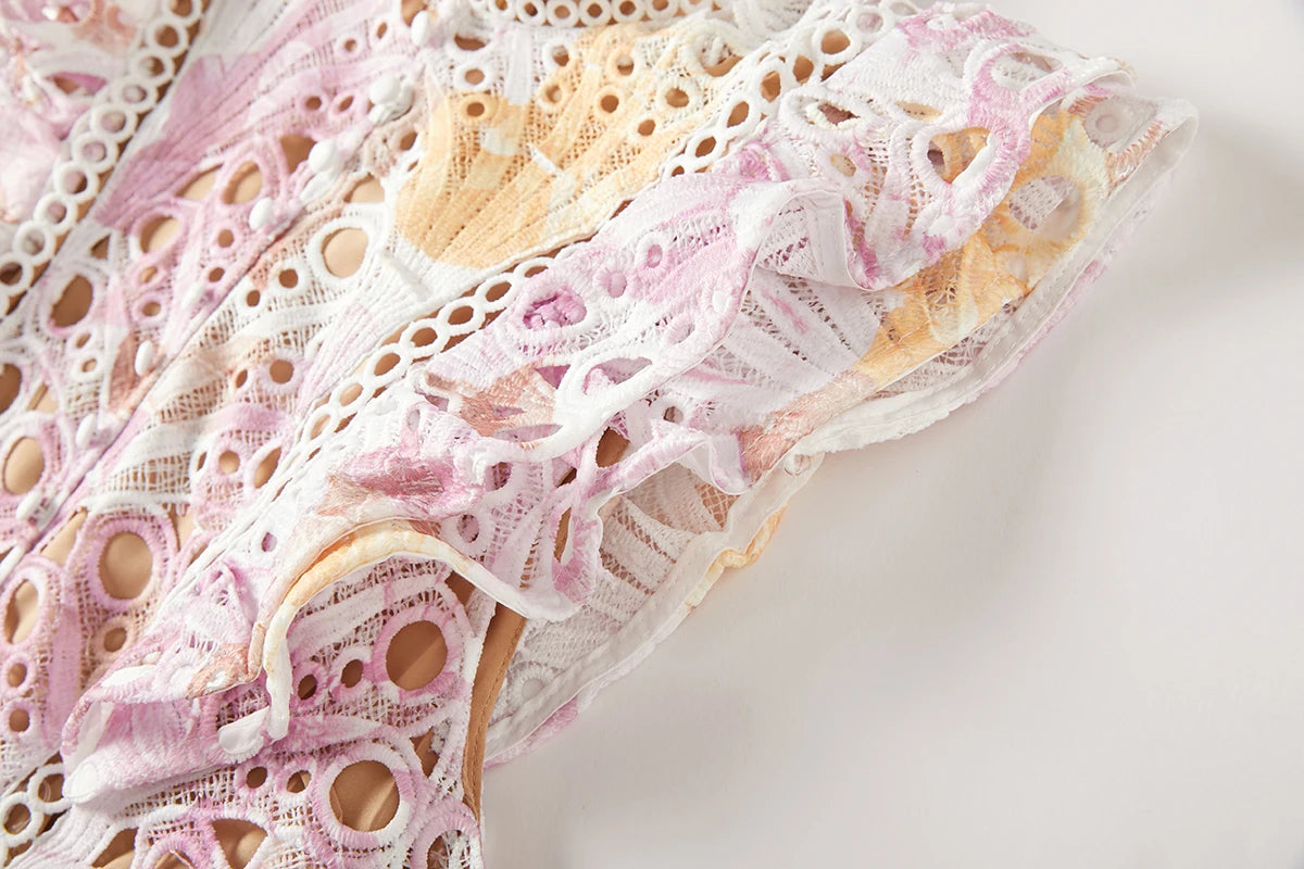 Flower Embroidery Maxi Wedding Guest Dress Women Flare Ruffles Sleeve Neck Colorful Long Robe