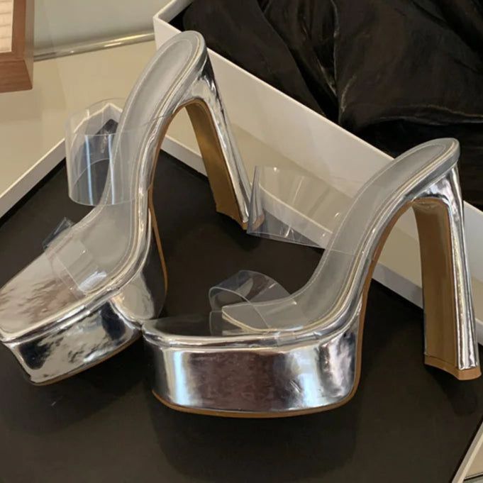 Designer PVC Transparent Platform Slippers Women Square Toe High Heels Slides Shoes