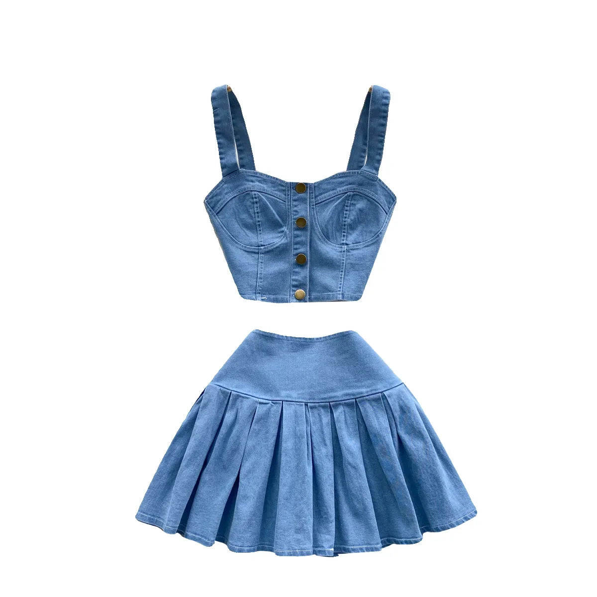 Denim Skirt Stets Two Pieces Sleeveless Tanks Top and Pleated Mini Skirt