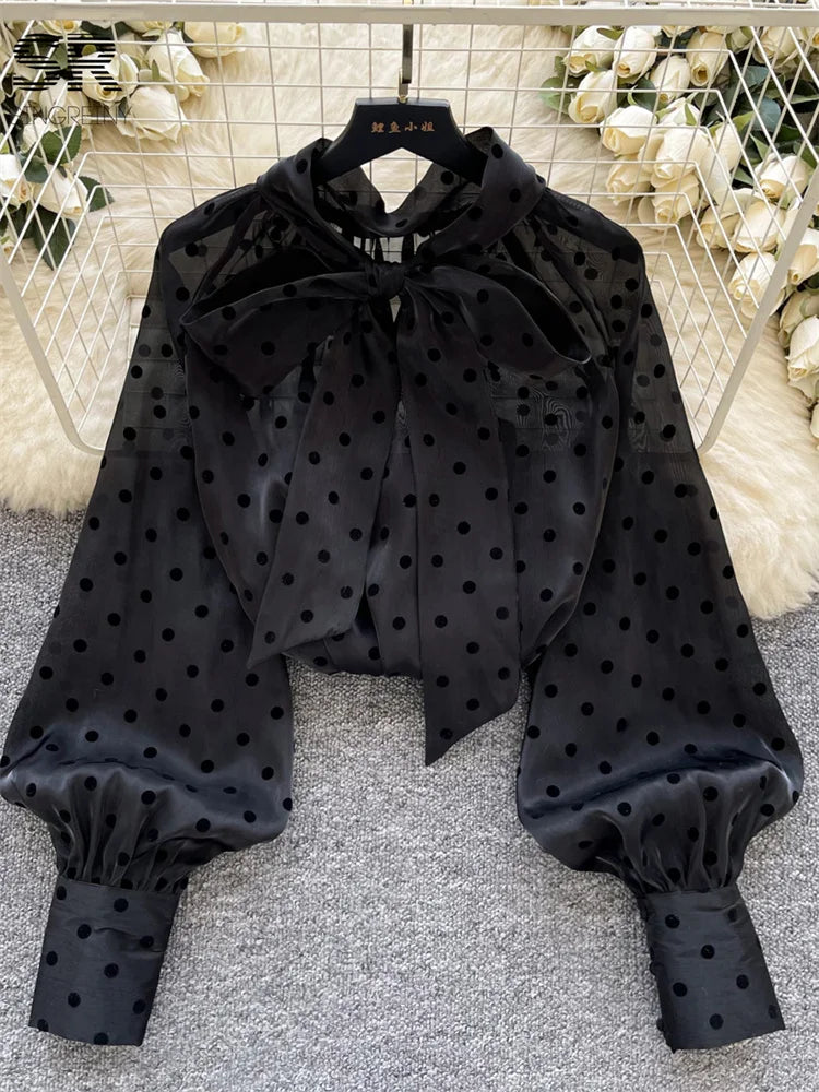 Vintage Polka Dot Tops Puff Sleeve Bow Lace Up Design Blouse