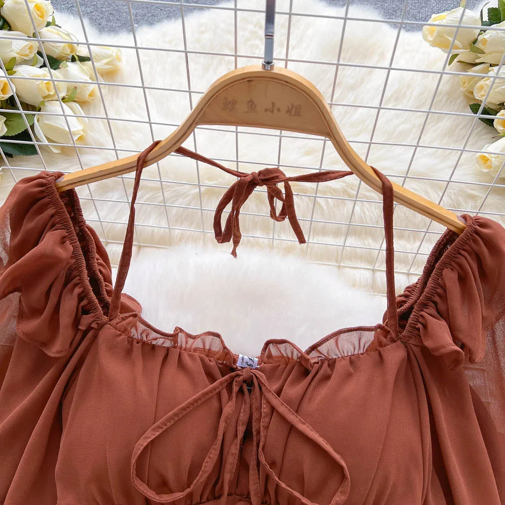 Flare Sleeve Women Top Ruffle Solid Elastic Waist Halter Backless Chiffon Blouse