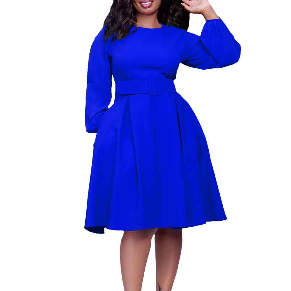 Elegant Office Dresses Women O Neck Full Sleeve Belt Waisted Pleated A Line Mid Calf Formal Female Business Work Wear Dress Midi