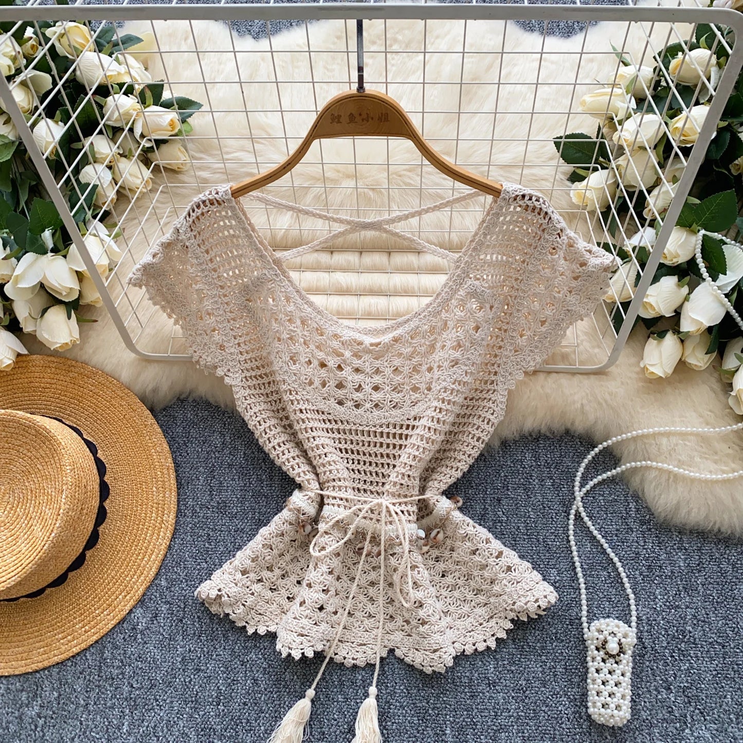 Bohemian Tassel Knit Tops Women Lace Up V Neck Elastic Summer Blouse Vacation Blouse