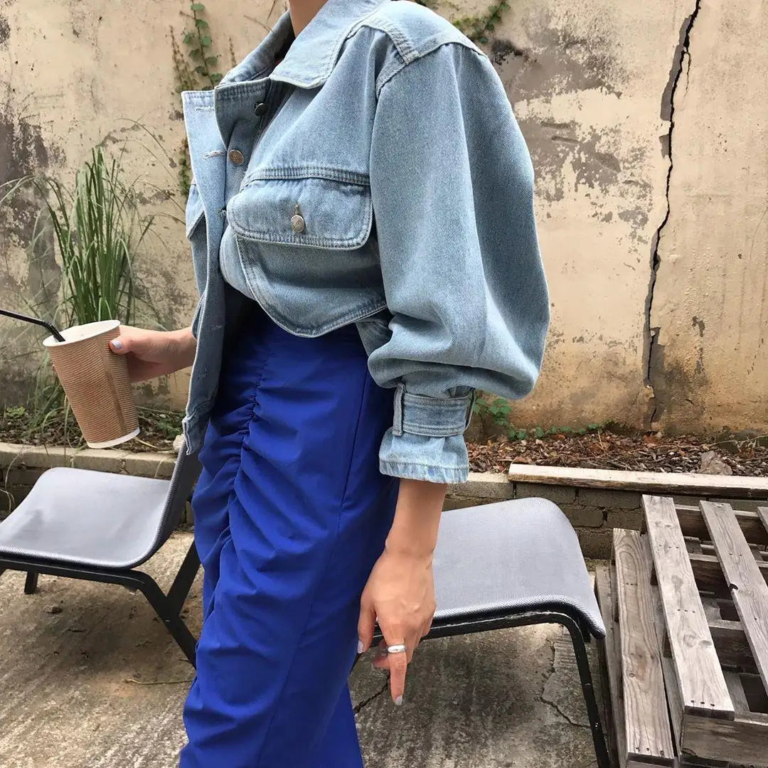Denim Coats Jackets Women Puff Long Sleeve Y2k Clothes Cropped Jacket
