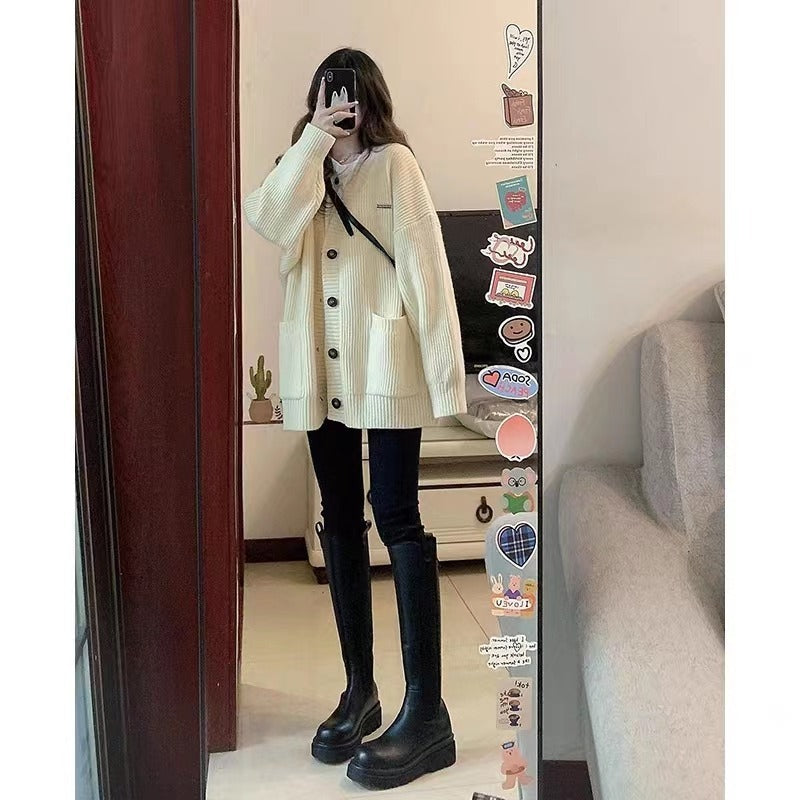 Women Cardigan Long Sleeve V-neck Loose Knitted Sweater Cardigan