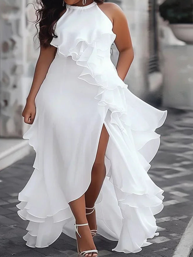 Wedding Bridesmaid White Dress Sleeveless Layered Ruffled Solid Dress