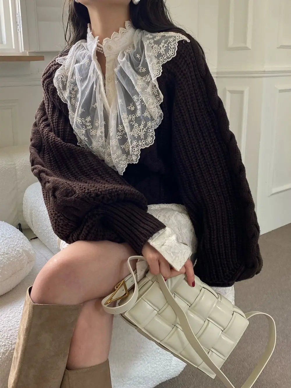 Chic Fried Dough Twists Pattern Pullover Loose Lantern Sleeve Knit Sweater
