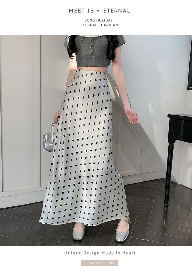 Polka Dot Satin Skirt Women's High Waist Versatile Elegant Dot Long Skirt