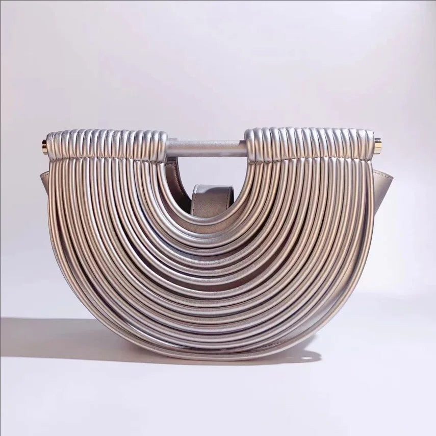 Gold Luxury Designer Brand Handwoven Noodle Bags Half Round Silver Evening Clutch