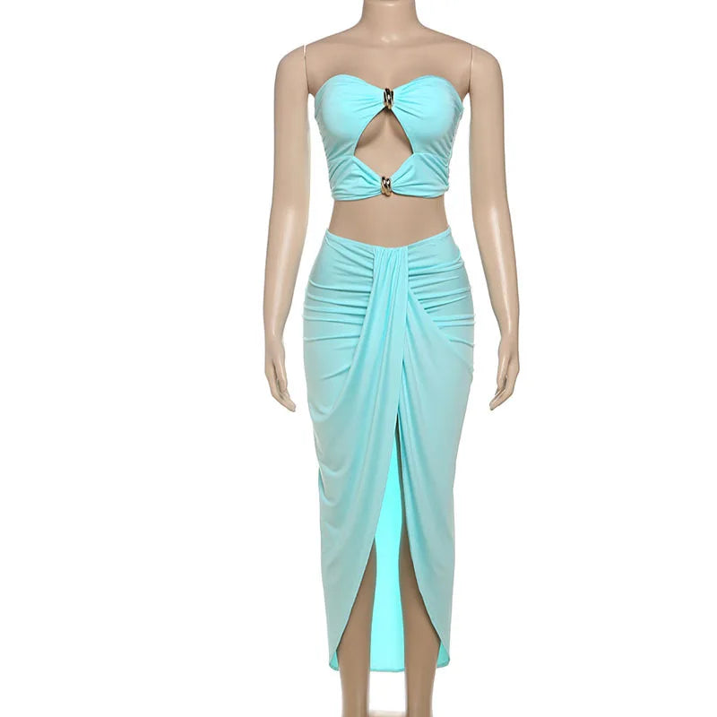 Hollow Metal Buckle 2 Piece Set Resort Wear Women Y2K Split Maxi Skirt Matching Clubwear Outfits
