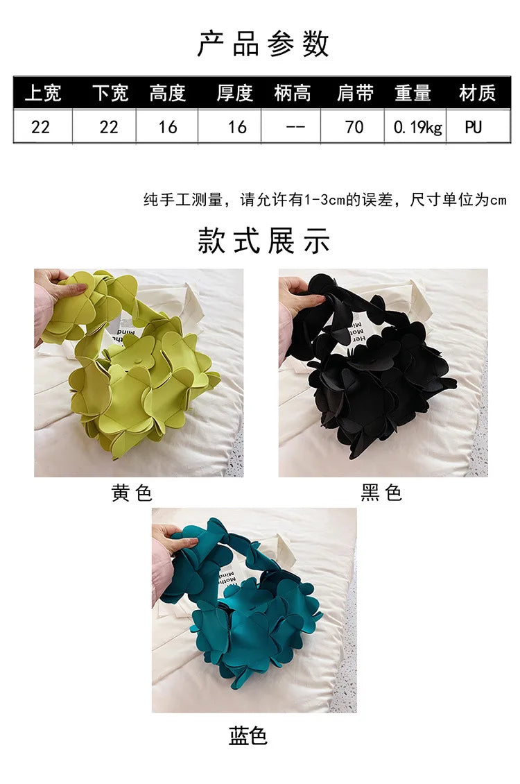 3D Flower PU Leather Armpit Purse Shoulder Bags Women Solid Color Fabric Crossbody Bag